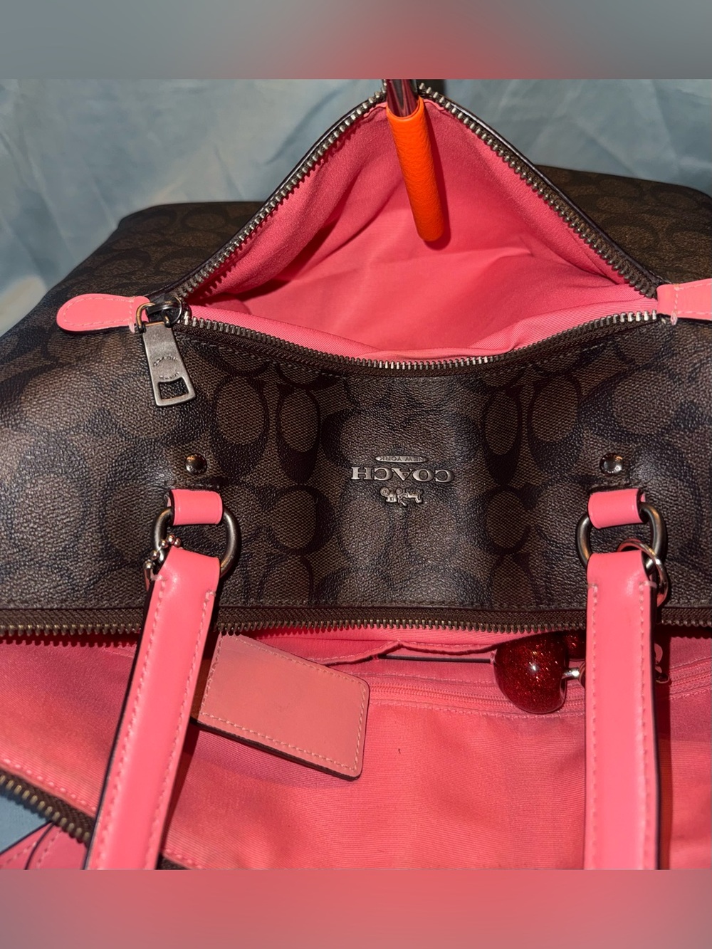 Coach F79609 Gallery Tote in Signature Canvas, with Pink Trim and Cherry Charm - Picture 12 of 13
